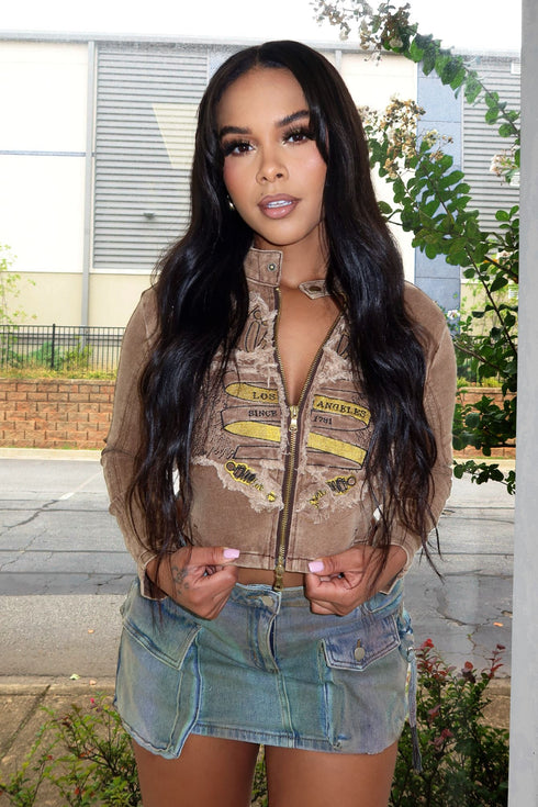 Lover Girl Washed Graphic Jacket Outerwear EDGE Small Camel