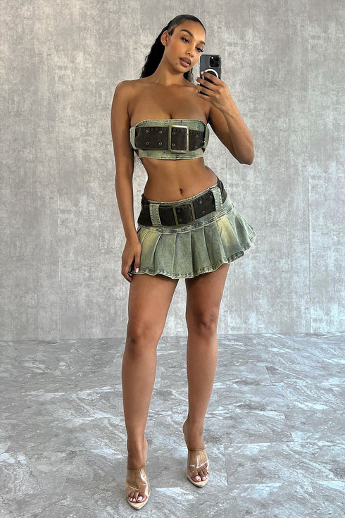 Vintage Chocolate Washed Denim Top & Skirt SET matching sets EDGE