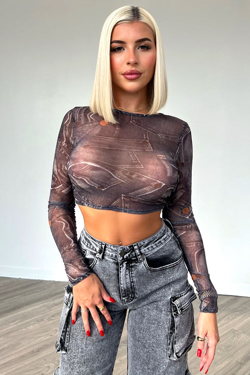 Break It Off Denim Print Mesh Top Crop Top EDGE Small Black