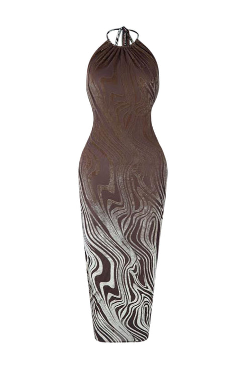 Espresso Velvet Burnout Mesh Halter Midi Dress Dresses EDGE Small Brown
