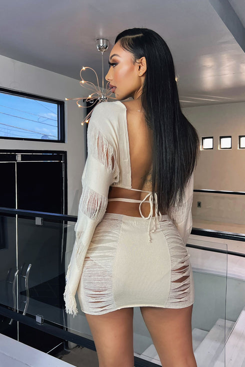 Saint Lucia Distressed Open Top & Mini Skirt SET - Wheat - EDGEbyKS