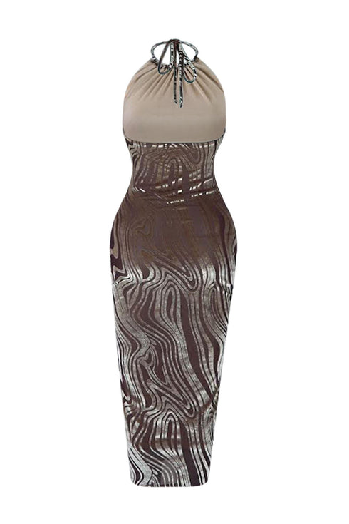 Espresso Velvet Burnout Mesh Halter Midi Dress Dresses EDGE