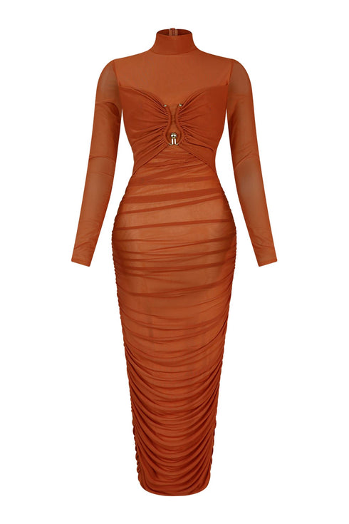 Deep Hearts Mesh Ruched Dress Dress EDGE Small Rust