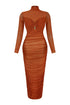 Deep Hearts Mesh Ruched Dress Dress EDGE Small Rust
