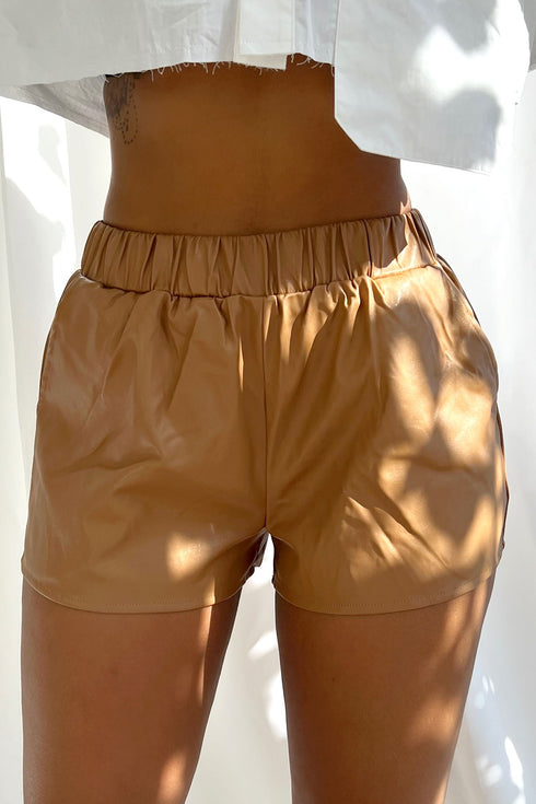 Rowdy Vegan Leather Shorts - Camel - EDGEbyKS