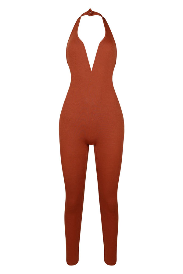 Rachel Wired Halter Neck Skinny Jumpsuit Rompers + Jumpsuits EDGE Small Rust