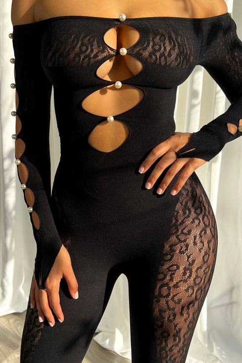 Candice Hallow Out Pearl Off Shoulder Jumpsuit jumpsuit EDGE