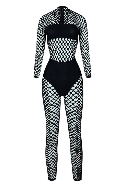 Like A Shadow Seamless Netted Long Sleeve Jumpsuit Rompers + Jumpsuits EDGE One Black