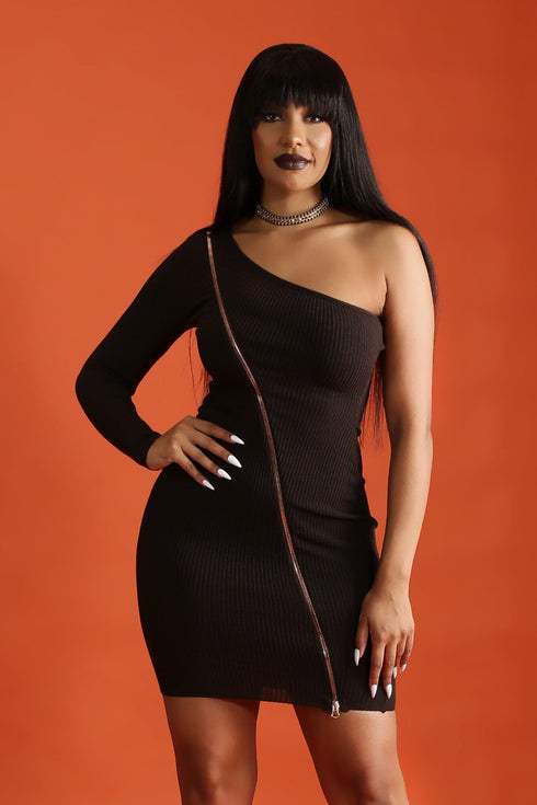 In Your Ocean One Off The Shoulder Zipper Bodycon Mini Dress - Brown - KNOWSTYLE - EDGE - EDGEONLINESTORE
