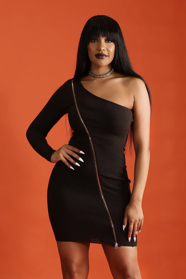 In Your Ocean One Off The Shoulder Zipper Bodycon Mini Dress - Brown - KNOWSTYLE - EDGE - EDGEONLINESTORE