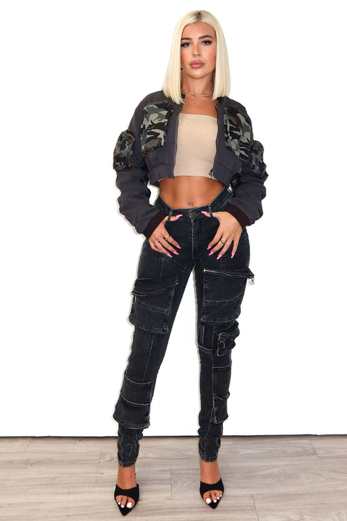 Wake Me Up Camo Pockets Scrunched Jacket Outerwear EDGE Small Charcoal Grey