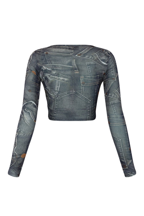 Break It Off Denim Print Mesh Top Crop Top EDGE