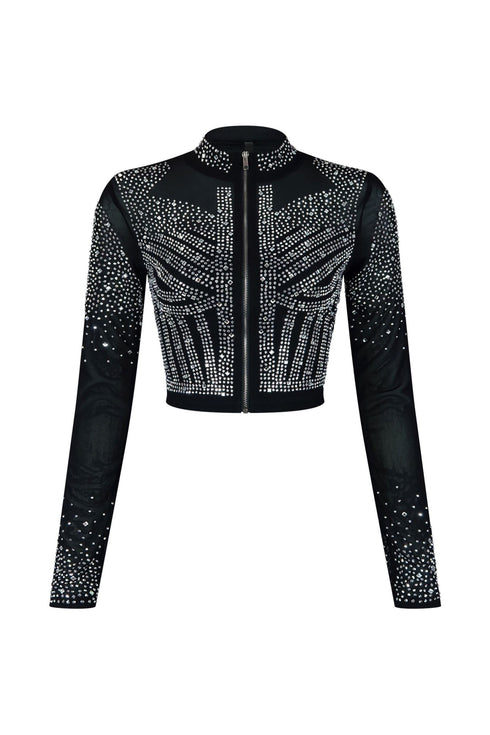 Galore Rhinestone Mesh Top Crop Top EDGE Small Black