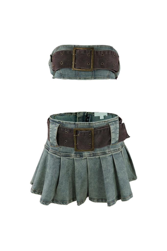 Vintage Chocolate Washed Denim Top & Skirt SET matching sets EDGE 