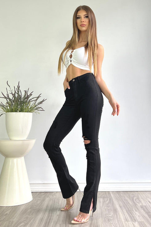 I'm Sprung Black Split Hem Distressed Straight Leg Jeans - Black - KNOWSTYLE - EDGE - EDGEONLINESTORE