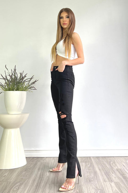 I'm Sprung Black Split Hem Distressed Straight Leg Jeans - Black - KNOWSTYLE - EDGE - EDGEONLINESTORE