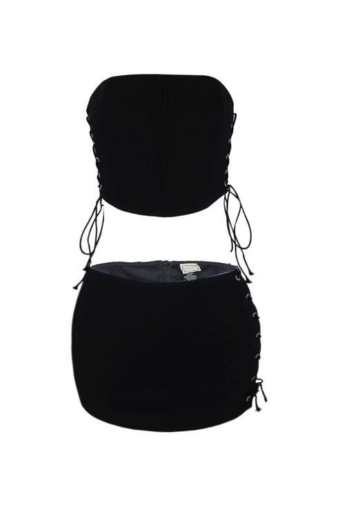 Life Of Sin Lace Up Top & Skirt SET matching sets EDGE Small Black