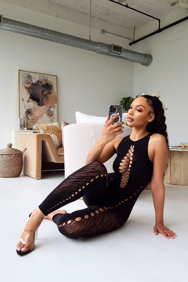 Valentina Hallow Out Sleeveless Jumpsuit Rompers + Jumpsuits EDGE One Black
