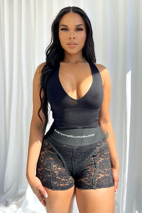 Ice Cream Basic Deep V Crop Top - Black - EDGEbyKS