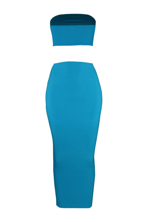 Fantasy Double Layered Tube Top & Maxi Skirt SET - Aqua Blue - EDGEbyKS