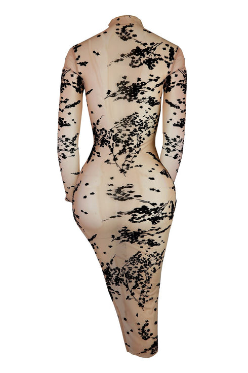 Come Thru Velvet Burnout Mesh Midi Dress - Beige - EDGEbyKS