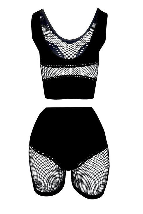 Chill Out Netted Crop Top & Shorts SET - Black - EDGEbyKS