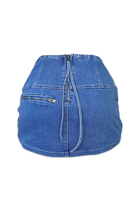 Queen of Hearts Mid Rise Denim Skirt - Medium Wash - EDGEbyKS