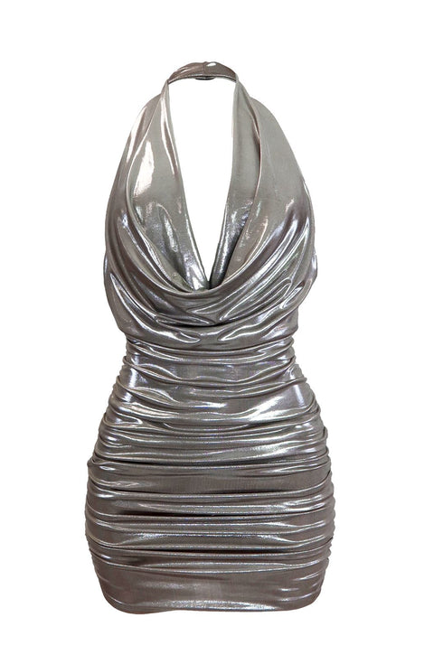Raise Me Up Foil Ruched Dress - Mocha - EDGEbyKS