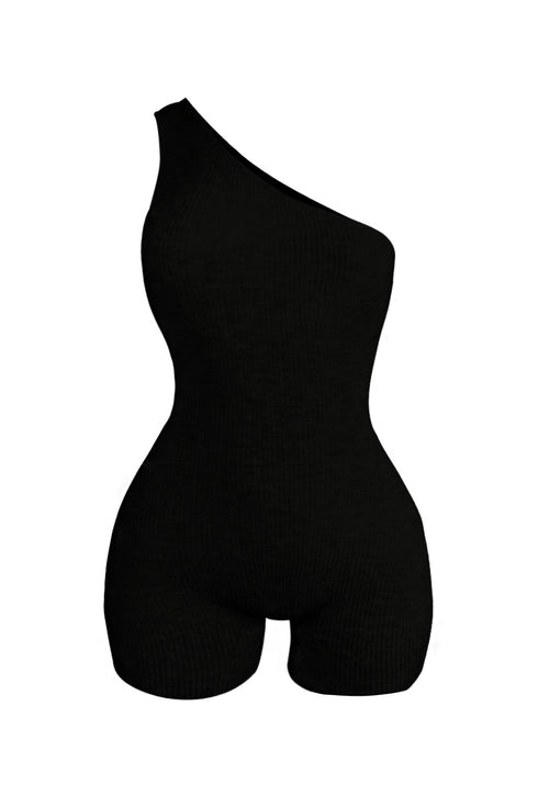 High Demand One Shoulder Ribbed Romper - Black - EDGEbyKS