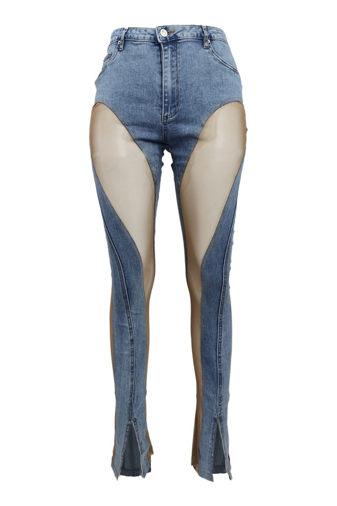 Spiraling Denim Mesh Contrast Skinny Jeans Bottoms EDGE Small Medium Wash 