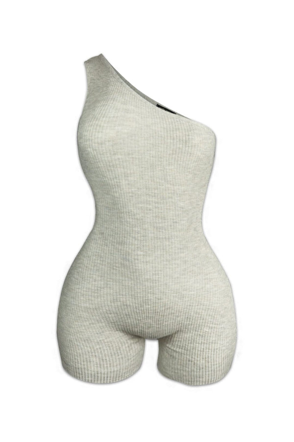 High Demand One Shoulder Ribbed Romper - Oatmeal - EDGEbyKS