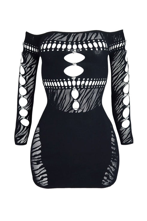 Sabrina Hallow Out Off Shoulder Long Sleeve Dress - Black - EDGEbyKS