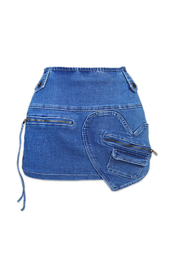 Queen of Hearts Mid Rise Denim Skirt - Medium Wash - EDGEbyKS