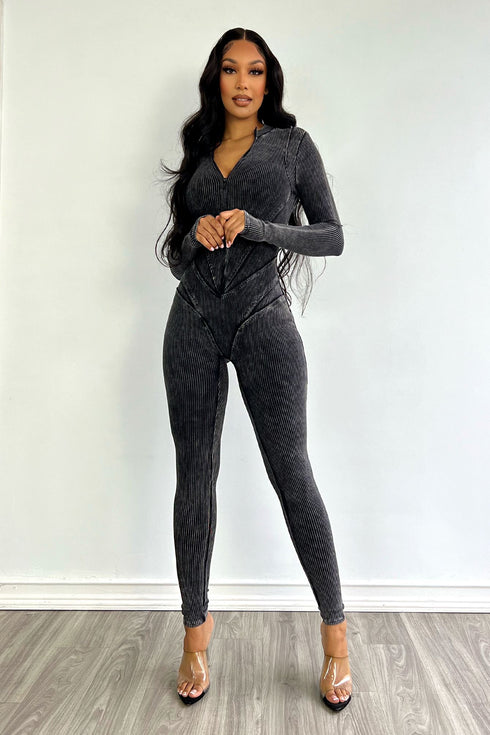 Fallon Mineral Washed Stitch Out Jumpsuit Rompers + Jumpsuits EDGE Small Charcoal