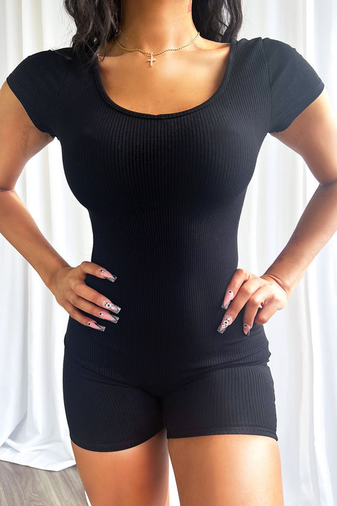 Zoe Short Sleeve Basic Ribbed Romper Rompers + Jumpsuits EDGE