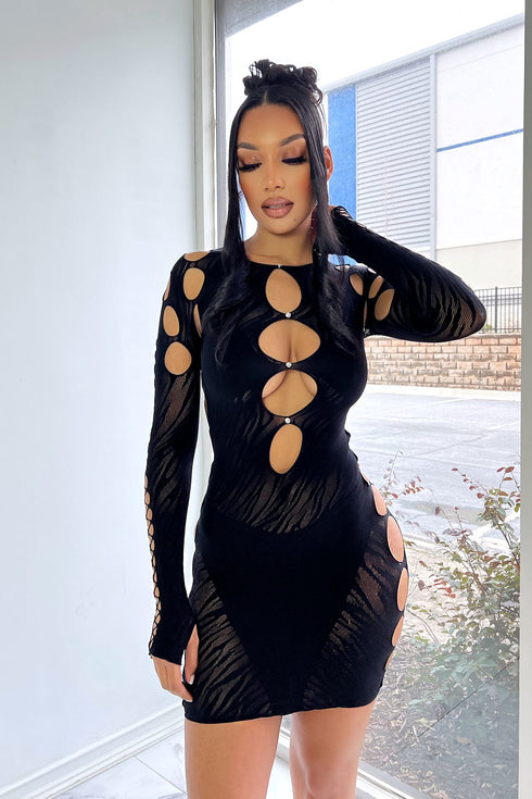 Alix Hallow Out Long Sleeve Cutout Mini Dress Dresses EDGE One Size Black