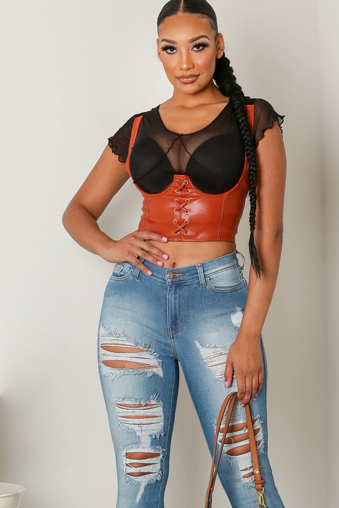 Glossy PU Under Wired Eyelet Corset Top - Cognac - KNOWSTYLE - EDGE - EDGEONLINESTORE