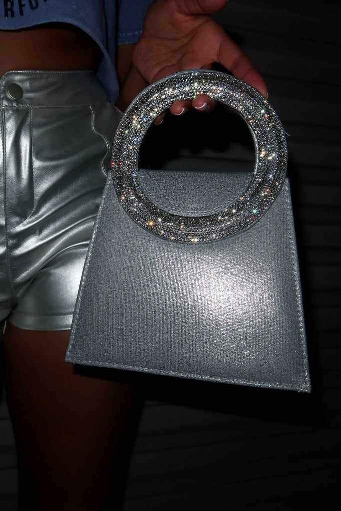Klara Rhinestone Top Handle Satin Evening Bag Apparel & Accessories EDGE Silver 