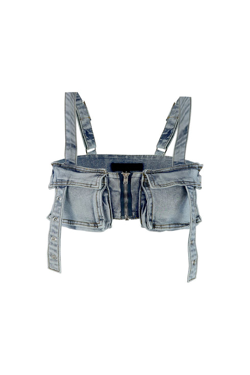 Lillian Washed Denim Pocket Crop Top Top EDGE Small Light Wash