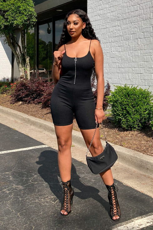 Follow My Rules Ribbed Zip-Up Cami Romper - Black - KNOWSTYLE - EDGE - EDGEONLINESTORE