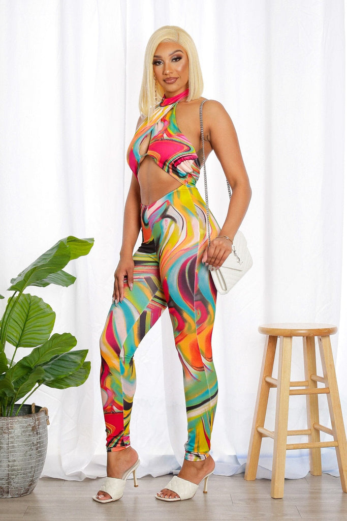 In Your Hands Printed Halter Neck Cut Out Jumpsuit  - Multi - KNOWSTYLE - EDGE - EDGEONLINESTORE