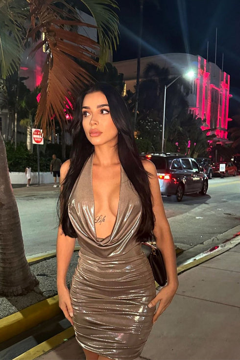 Raise Me Up Foil Ruched Dress DRESS EDGE Small Mocha