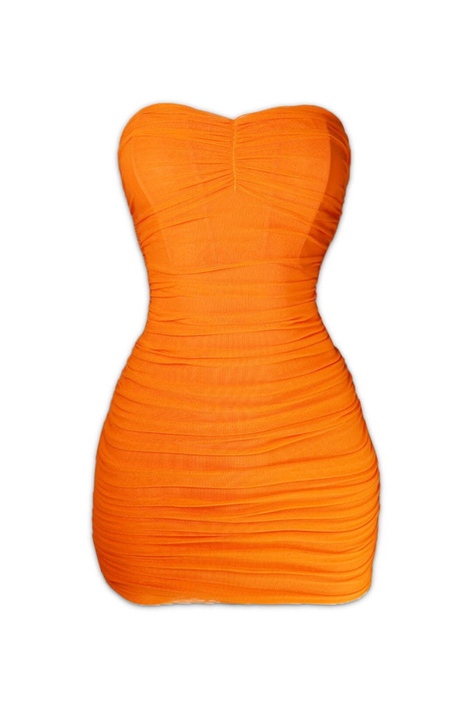 New Flame Mesh Ruched Mini Dress - Orange - EDGEbyKS