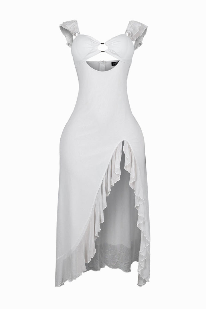 Megan Mesh Cutout Ruffle Midi Dress