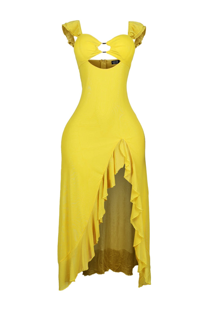 Megan Mesh Cutout Ruffle Midi Dress
