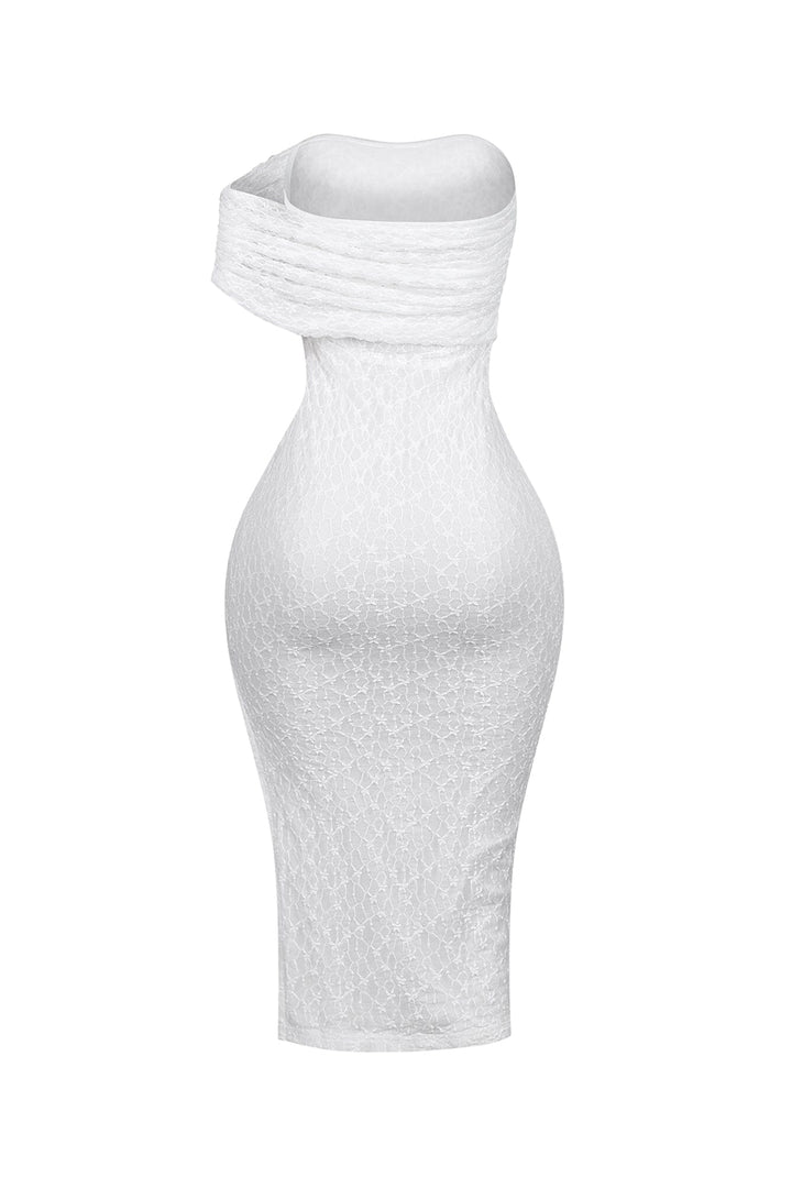 Emmalyn Mesh Lace Asymmetrical Midi Dress