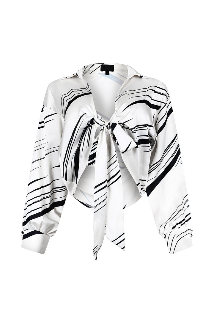 Tara Geo Printed Satin Tie Blouse