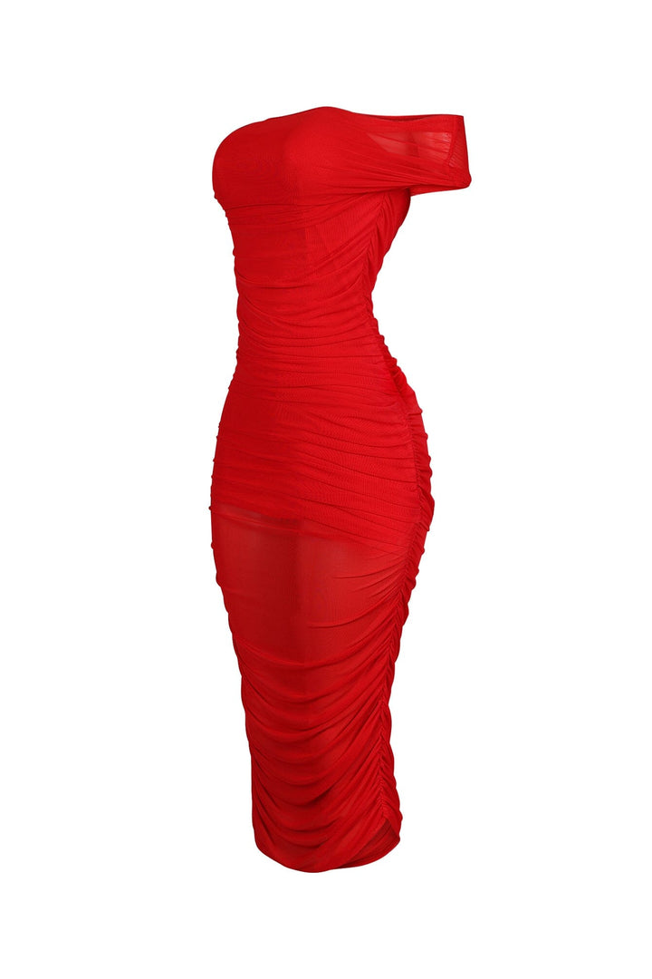 Evette Mesh 2 Way Ruched Midi Dress