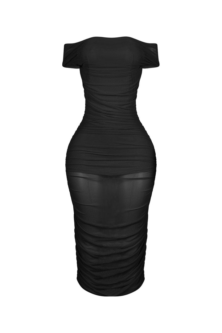 Evette Mesh 2 Way Ruched Midi Dress