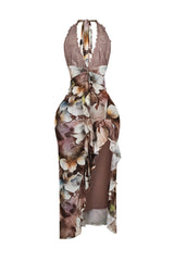 Fariah Print Lace Halter Ruffle Maxi Dress